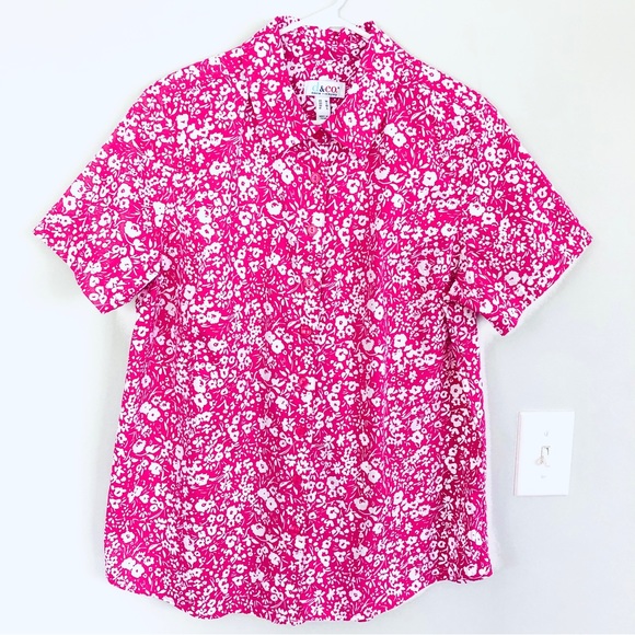 Denim & Co. Printed Button Front Shirt in Magenta Floral, Size M - Picture 2 of 13